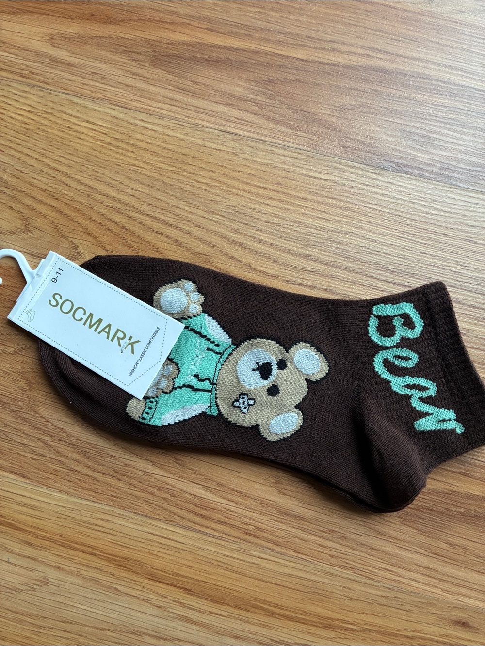 Brown Bear Ankle Socks with Mint Details
